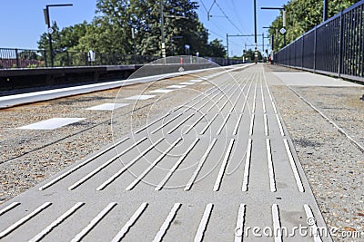 Guiding lines on the ground for blind people on station Nieuwerkerk aan den IJssel Stock Photo
