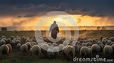 Guiding Shadows: A Shepherd's Evening Vigil Stock Photo