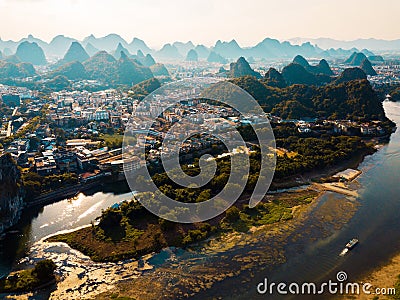 Guilin aerial view with Li river and rock formations in China Stock Photo