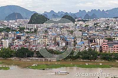 Guilin, China - circa July 2015: Panorama of Guilin and its karst mountains from Fubo hill Editorial Stock Photo