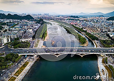 Guilin city and bridge over Li river aerial view Stock Photo
