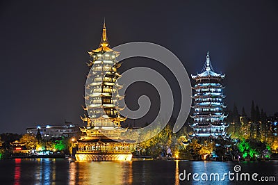 Guilin. Pagodas of Sun and Moon in the lake Stock Photo