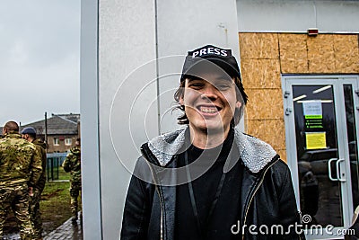 Guillaume Ptak, french journalist at Okko gas station, Sloviansk, Ukraine - April 03, 2023 Editorial Stock Photo