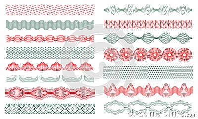 Guilloche borders, money watermark, certificate decoration elements. Banknote security watermarks, guilloches seamless Vector Illustration