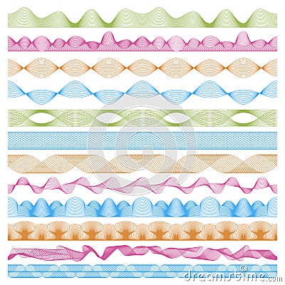 Guilloche money borders, security seamless watermarks. Geometric guillouche border frames vector illustration set Vector Illustration