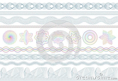 Guilloche patterns. Bank money security, banknotes seamless engraving and banking secure border. Banknote protective Vector Illustration