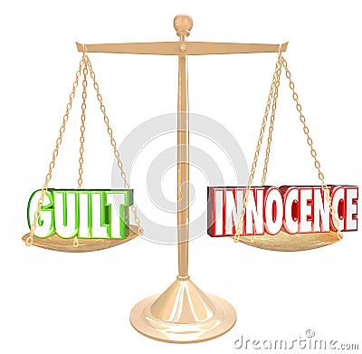Guilt Vs Innocence 3d Words Gold Scale Judgment Decision Verdic Stock Photo