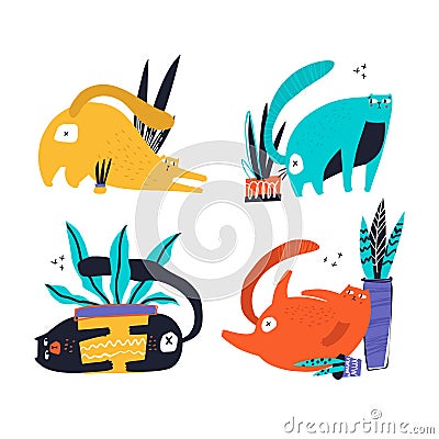 Guilty cats flat hand drawn vector color characters set Vector Illustration