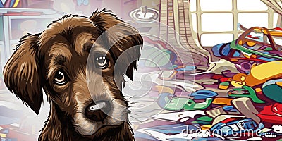 Guilty looking dog messy scattered room vector graphics illustration Cartoon Illustration