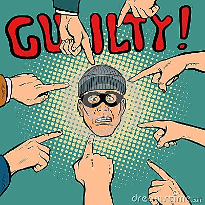 Guilty thief robber, hands point to the center Vector Illustration