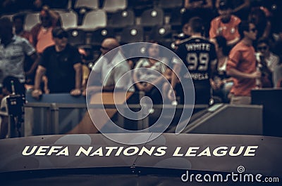 GUIMARAES, PORTUGLAL - June 09, 2019: Sign and emblem on the board UEFA Nations League during the UEFA Nations League Finals Editorial Stock Photo