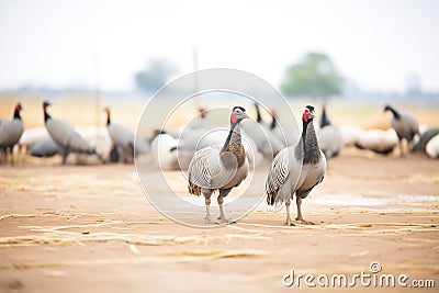guinea fowls interacting in open farmland Stock Photo
