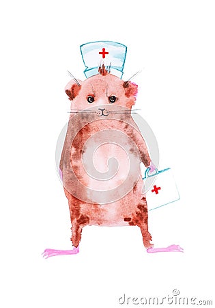 Guinea pig became a doctor and hurries to the rescue. Comic watercolor illustration isolated on white background Cartoon Illustration