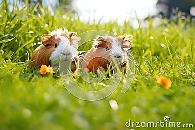 guinea pigs foraging on a grass field Stock Photo