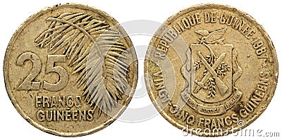 25 Guinean franc coin, 1987, both sides, Stock Photo