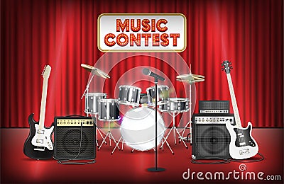 Guitar bass drum and microphone band on show stage Vector Illustration