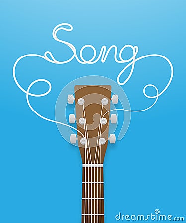 Guitar brown color and song text made from guitar strings Vector Illustration