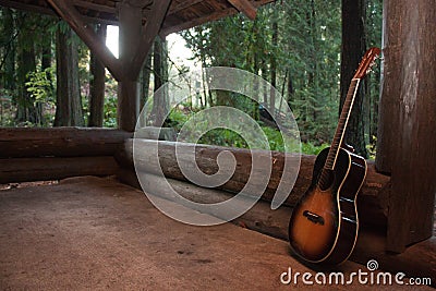 Music themed guitar in a cabin event Stock Photo