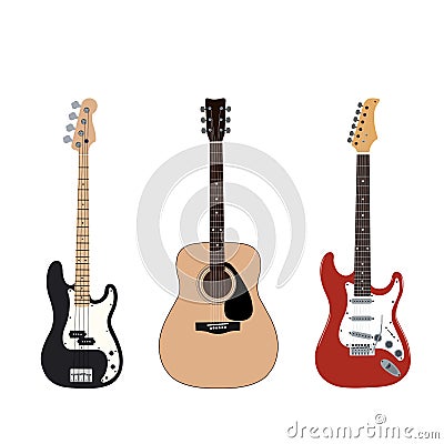 Guitar set. Bass guitar, acoustic guitar and electric guitar on a white background. Flat style Stock Photo
