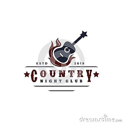 Guitar on fire Country Music Western Vintage Retro Saloon Bar Cowboy logo design Vector Illustration