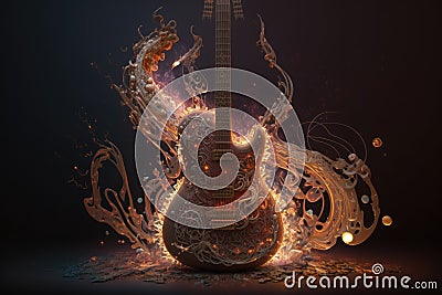 Guitar with fire flames on dark background Cartoon Illustration