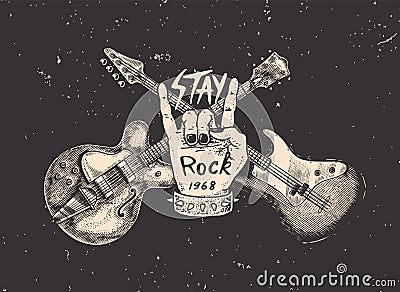 Guitar and hand for jazz festival. Drawn grunge sketch with a tattoo or t-shirt or woodcut. Rock concept. Vintage Vector Vector Illustration