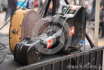 Guitar hard cases stciker fragile street concert Stock Photo