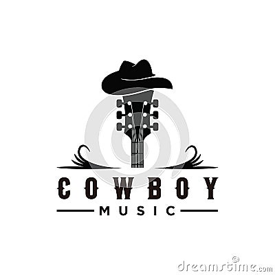 Guitar and hat inspiration symbol Cowboy logo Vector Illustration