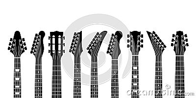 Guitar headstocks. Acoustic and rock electric guitars heads. Outline musical instrument, minimal abstract music symbols Vector Illustration