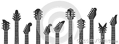 Guitar headstocks. Guitars necks, rock music and guitar peghead with tuning pegs vector illustration Vector Illustration
