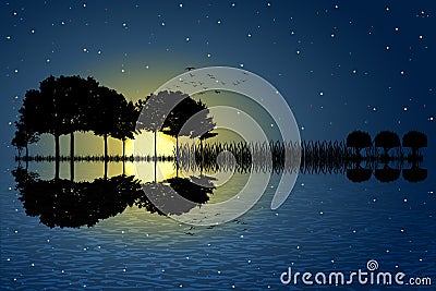 Guitar island moonlight Vector Illustration