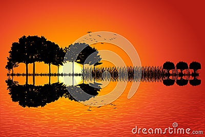 Guitar island sunset Vector Illustration