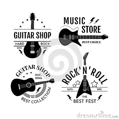 Guitar logo icons. Rock band acoustic music badge, alternative headstock emblem from metal. Musicians equipment. Store Vector Illustration