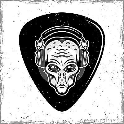 Guitar mediator with alien head in headphones Vector Illustration