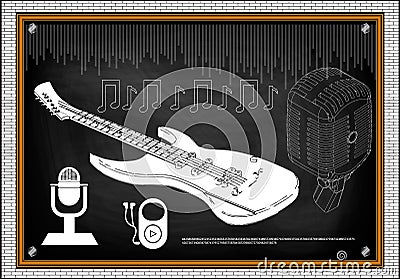 Guitar, microphone and notes Vector Illustration