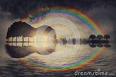 Guitar music island over the rainbow concept. Surreal seascape view with trees on an isle growing in the shape of an musical Stock Photo