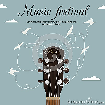 Guitar neck with strings turn into white birds in blue sky. Music festival flyer Vector Illustration