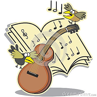 Guitar, notation and birds Vector Illustration