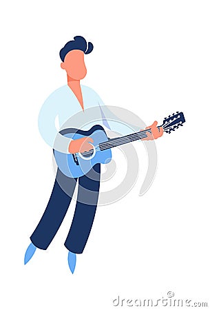 Guitar player. Cartoon guitarist playing music. Man holding string acoustic instrument. Cute performer. Musician Vector Illustration