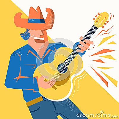 Guitar player man in cowboy hat singing and palying the acoustic Vector Illustration