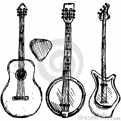 Guitar plectrum, guitar and banjo Vector Illustration