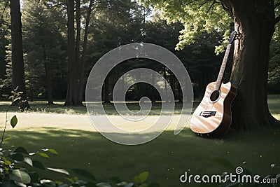A guitar resting against a tree in a meadow Stock Photo