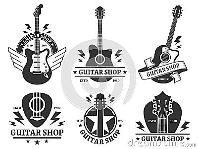 Guitar shop badges. Custom guitars shop emblem, guitar headstock and music instruments store badge vector illustration Vector Illustration