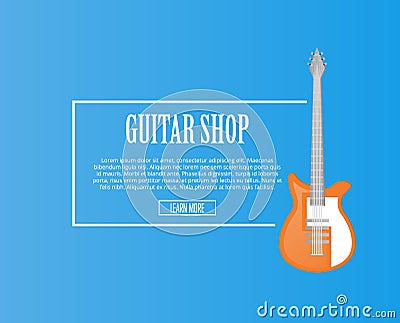 Guitar shop banner with orange acoustic guitar Vector Illustration