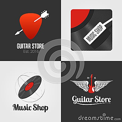 Guitar shop, music store set, collection of vector icon, symbol, emblem, logo, sign Vector Illustration