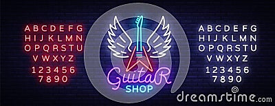 Guitar shop neon sign vector. Design template Guitar Store logo in neon style, light banner, bright neon night signboard Vector Illustration