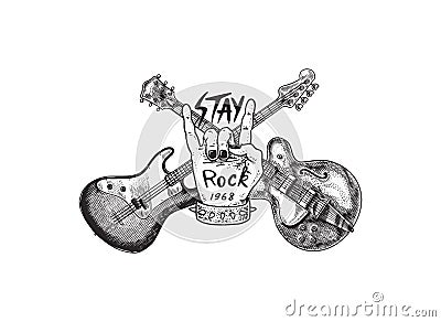 Guitar and Sign of the horns for jazz festival. Hand Drawn grunge sketch with a tattoo or t-shirt or woodcut. Rock Vector Illustration