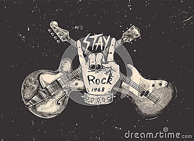 Guitar and Sign of the horns for jazz festival. Hand Drawn grunge sketch with a tattoo or t-shirt or woodcut. Rock Vector Illustration