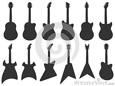 Guitar silhouette. Acoustic Jazz guitars, musical instruments silhouettes and electric rock guitar shape vector set Vector Illustration