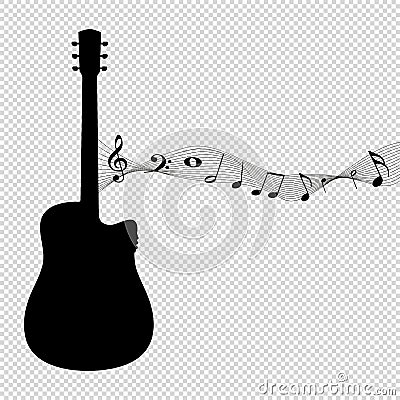 Guitar Silhouette With Music Notes - Black Vector Illustration - Isolated On Transparent Background Vector Illustration